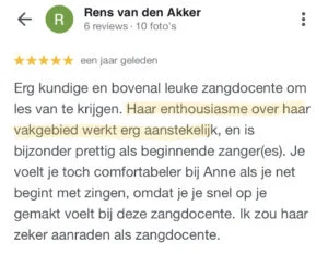 Rens van den Akker, Zangles volgen in Breda, Google recensie, 2022 (M)