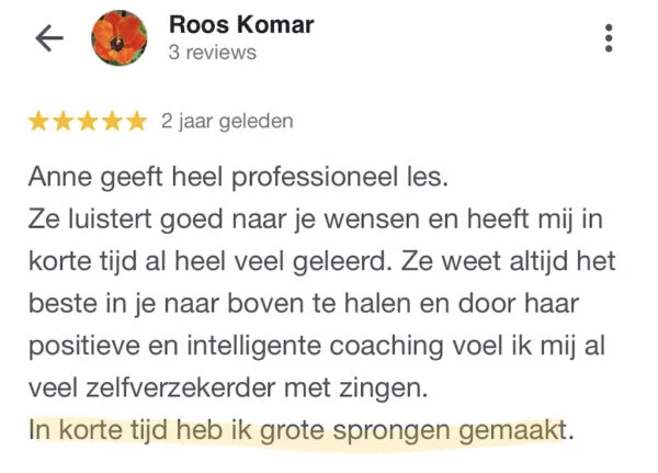 Roos Komar, Zangles Breda, Google recensie, 2021 (M)
