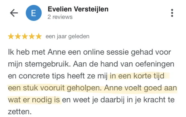 Evelien Versteijlen, stemcoaching, coaching voor vrouwelijke sprekers, Google recensie, 2022 (M)