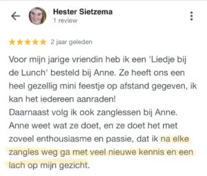 Hester, zangles Breda, Google recensie, 2021 (M)