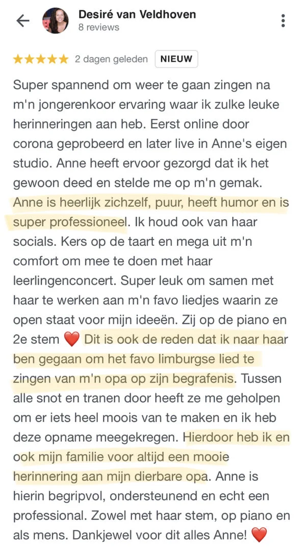 Desiré van Veldhoven, Zangles in Breda, Google recensie, 2-2023 (M)