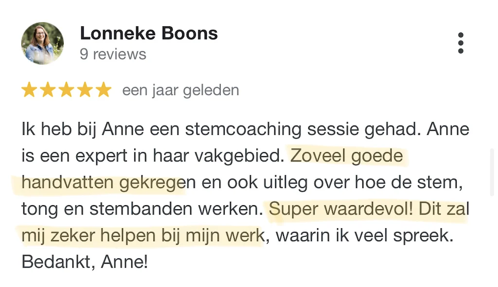 Lonneke Boons, sprekerscoaching, Google recensie, 2022 (M)
