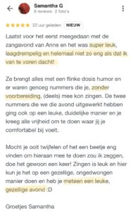 Samantha, Schaamteloos Zingen, Zang Breda, Koor Breda, Google recensie, 2-4-2023 (M)