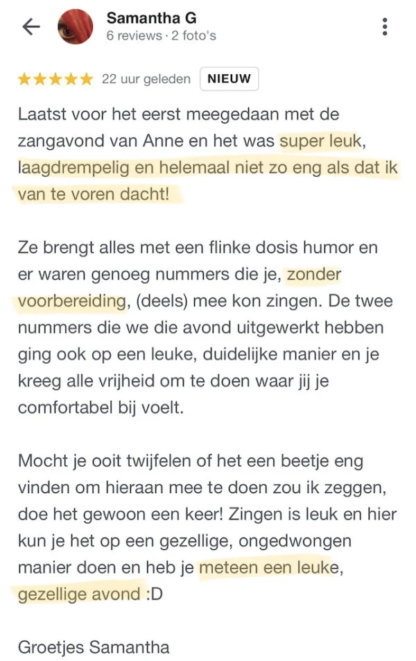 Samantha, Schaamteloos Zingen, Zang Breda, Koor Breda, Google recensie, 2-4-2023 (M)