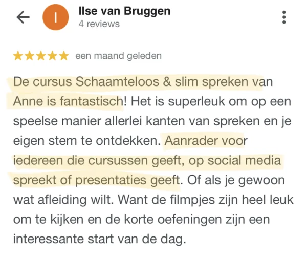 Ilse van Bruggen, Online Training Schaamteloos en Slim Spreken voor Vrouwlijke Ondernemers, Google, 7-23 (M)