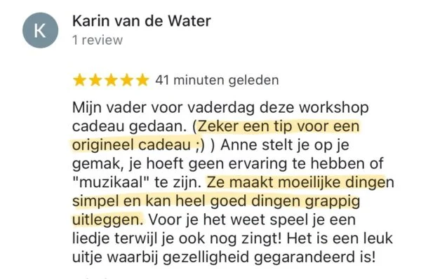 Karin van de Water, Workshop Ukelele & Zang, Google recensie, 2-10-23 (M)