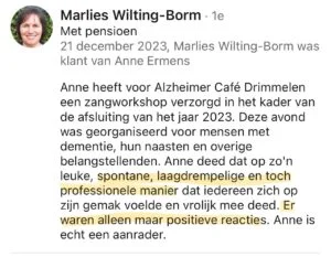 Marlies Wilting, Muziekworkshop Stichting Alzheimer, LinkedIn, 21-12-22 (M)