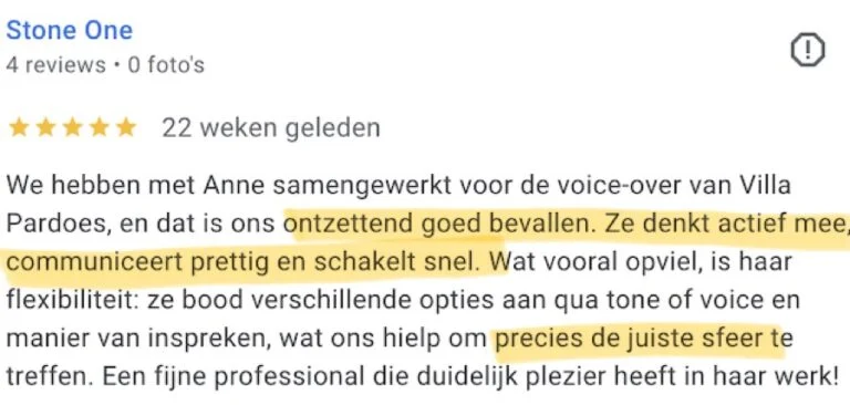 Stone One,Beoordeling:review Brabantse Voice-Over, Google, 29-04-25 (M)
